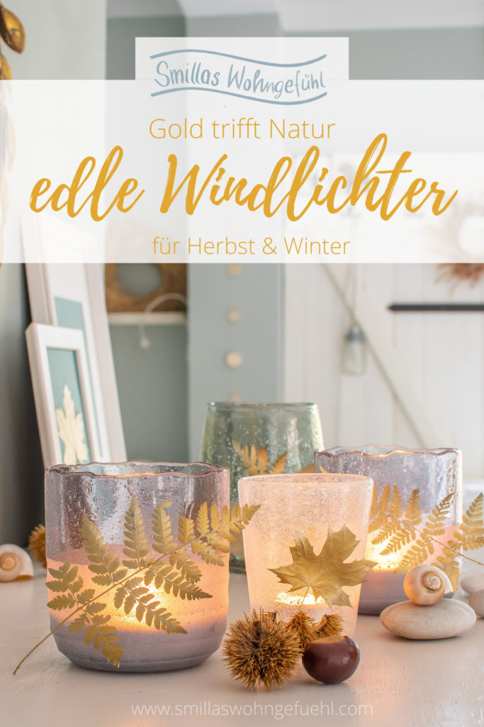 windlichter basteln mit blättern und gold farbe